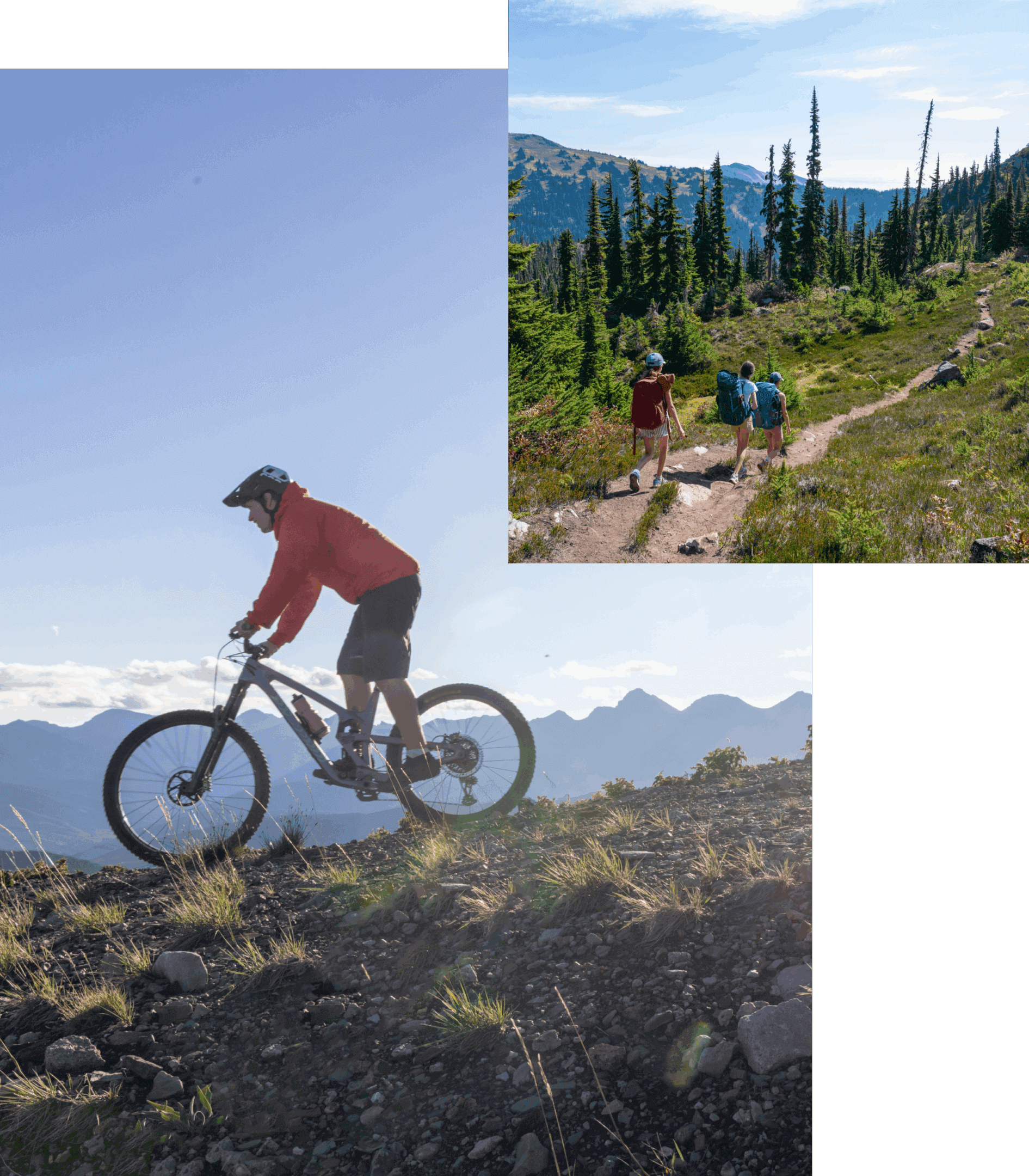 Cyclists riding mountain bikes on rugged trails in a scenic outdoor setting.
