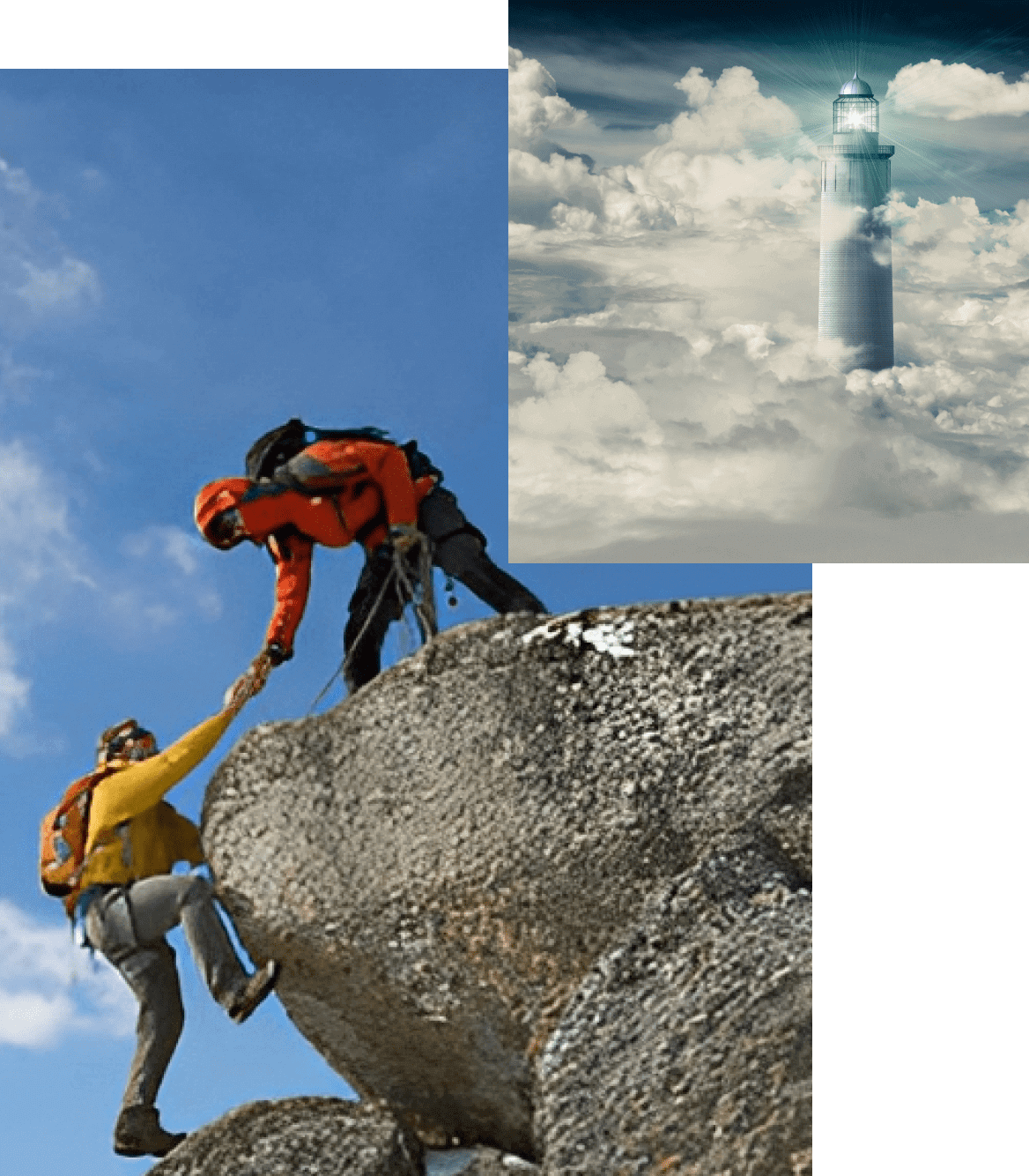 Two climbers help each other ascend a rocky mountain under a partly cloudy sky.