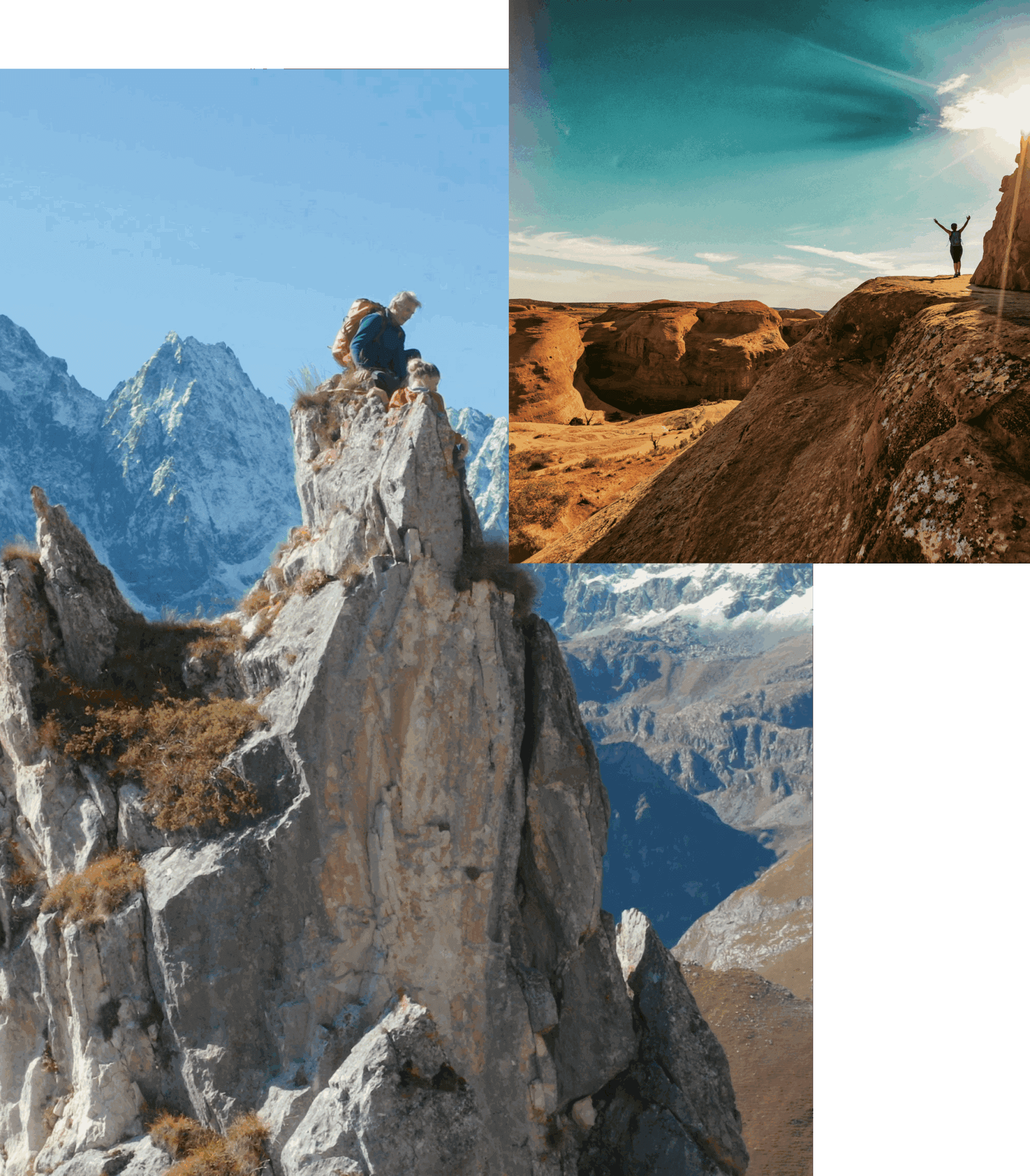 Hikers explore rugged mountain peaks under clear skies.
