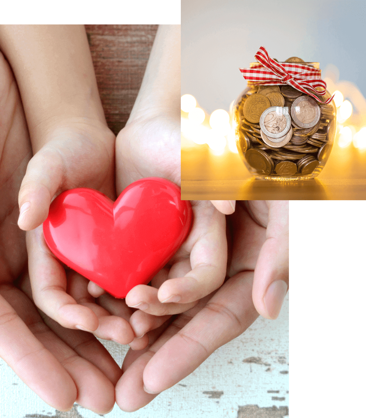 Hands holding a red heart with a jar of coins beside them.