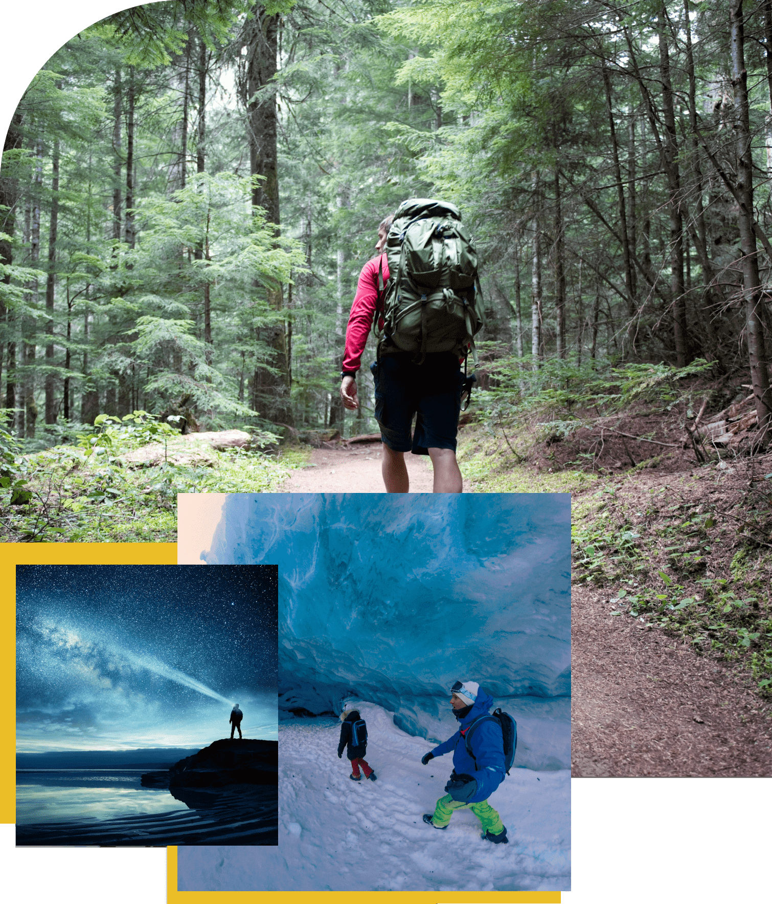 A hiker walking along a forest trail with a large backpack.