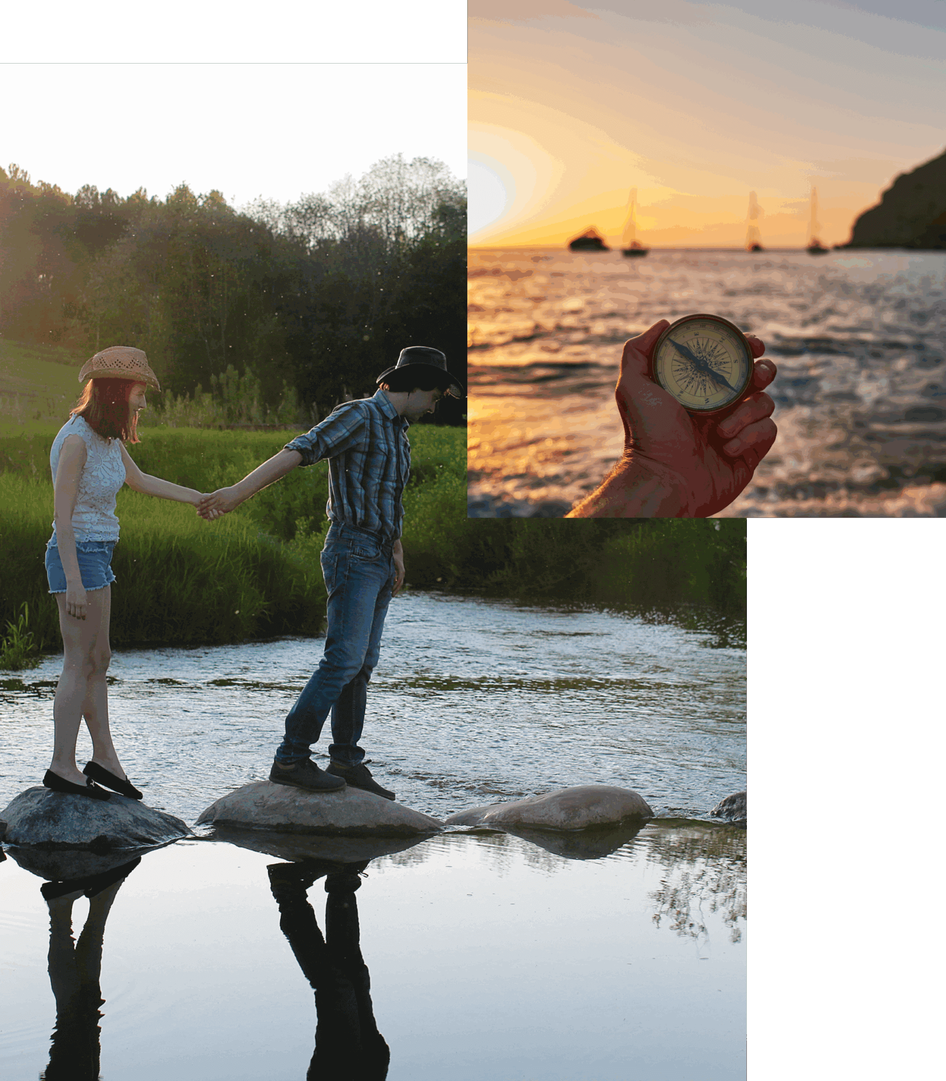 Couple balancing on rocks in a river holding hands during daylight.