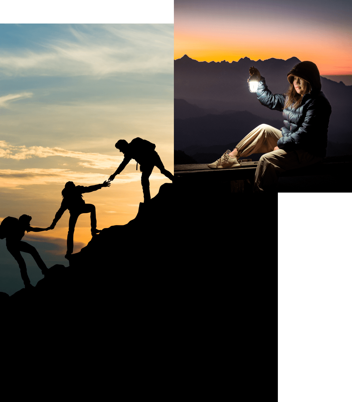 People helping each other climb a mountain during sunset.