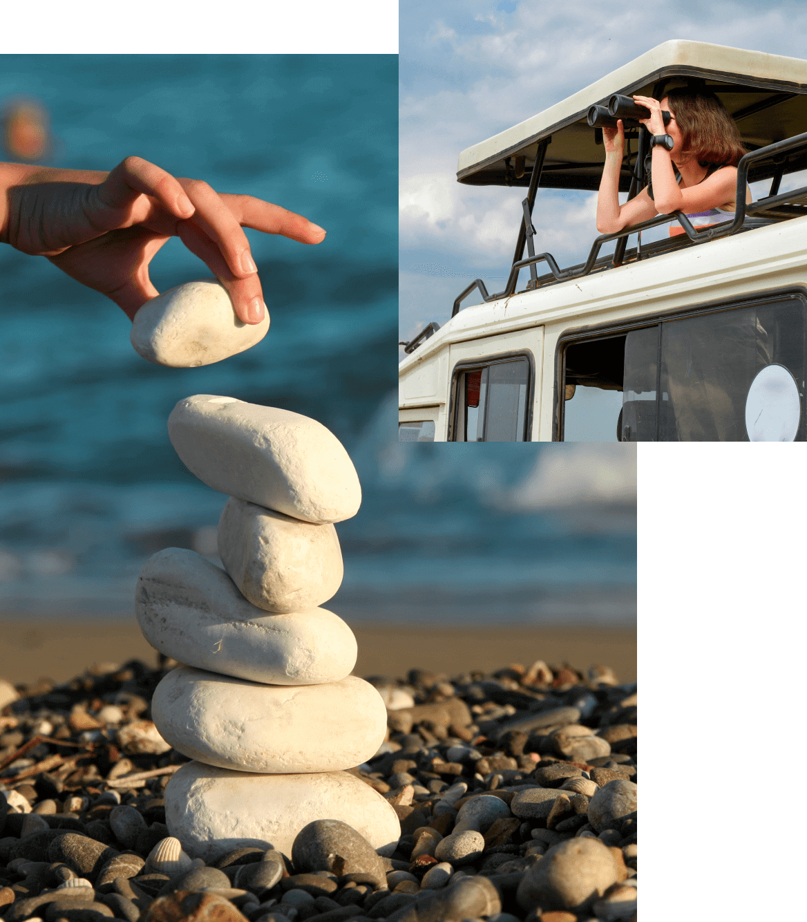 A stacked stone tower on the beach and a person looking through binoculars from a vehicle roof.