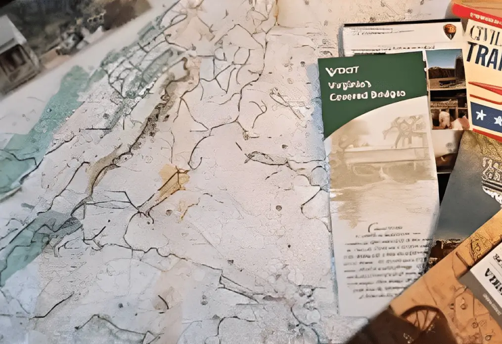 Close-up of a marble-patterned surface with a green booklet titled 'Wood Vignettes: Coastal Design'.