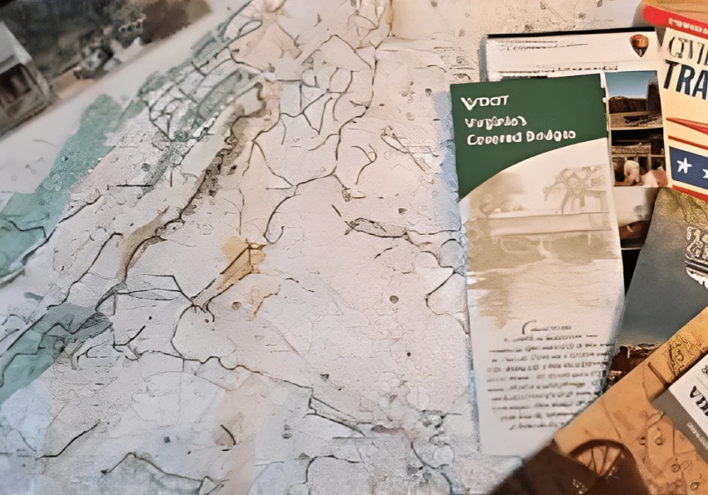 Close-up of a marble-patterned surface with a green booklet titled 'Wood Vignettes: Coastal Design'.